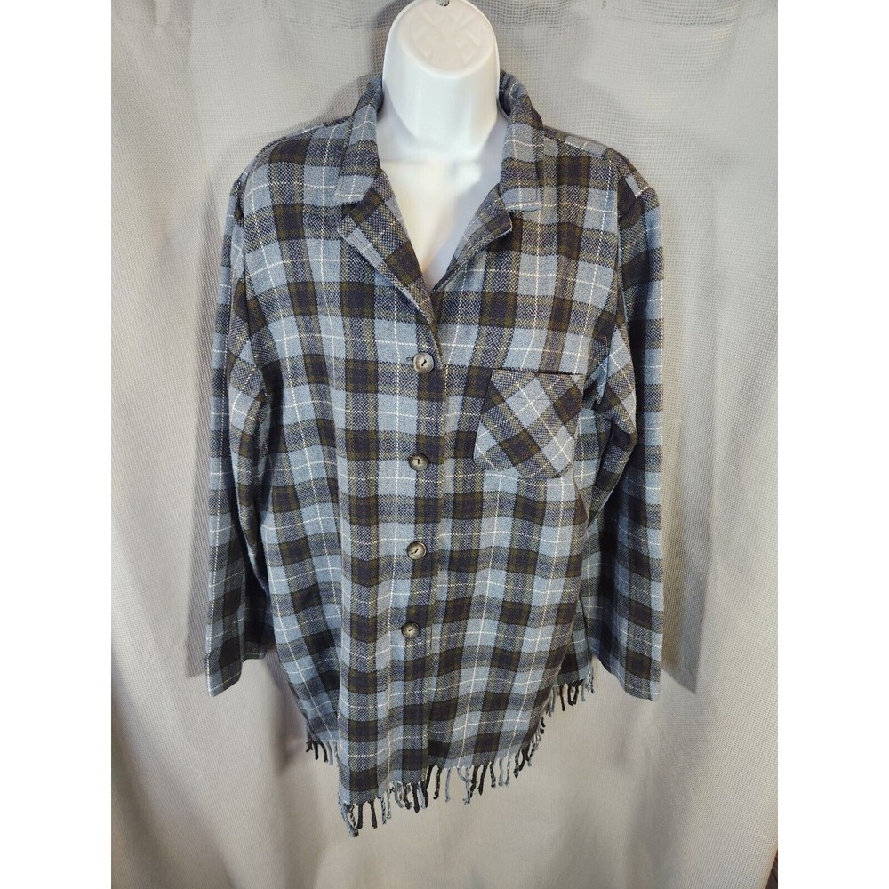 Vintage Blue & Green Plaid Tofy Women's Wool Blend Jacket w Fringe size‎ 14T